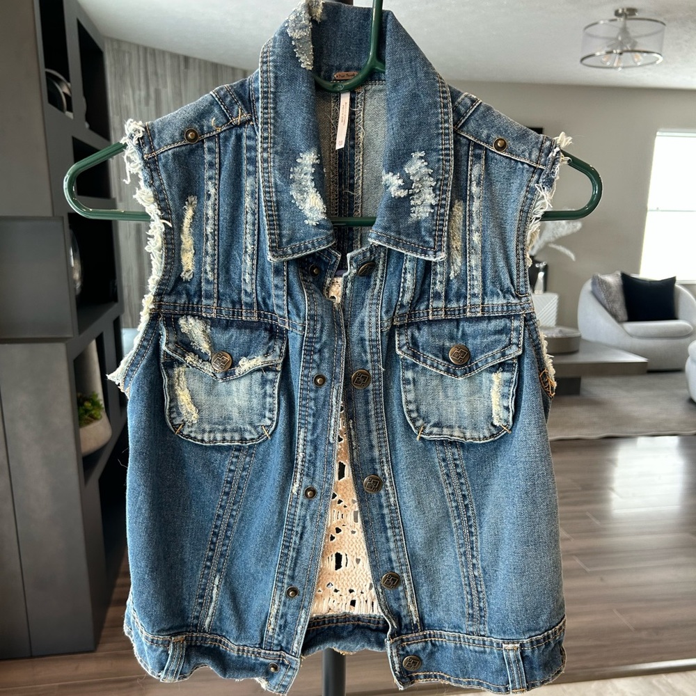 Free People denim and crochet jean vest